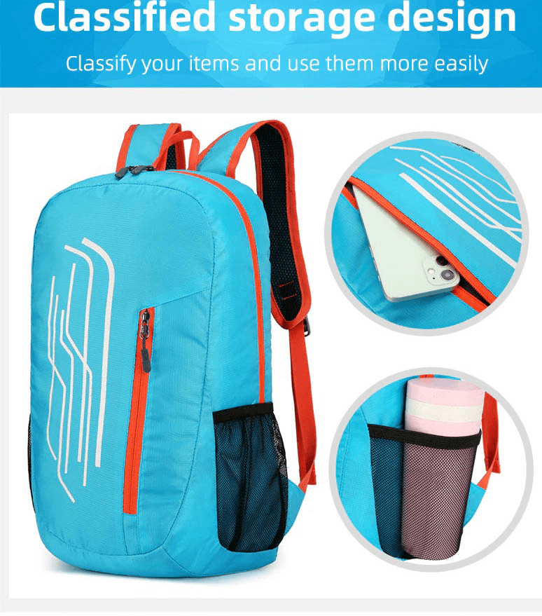 Blue 22L Portable Folding Ultralight Cycling Backpack with multiple storage compartments and durable water-repellent polyester fabric.